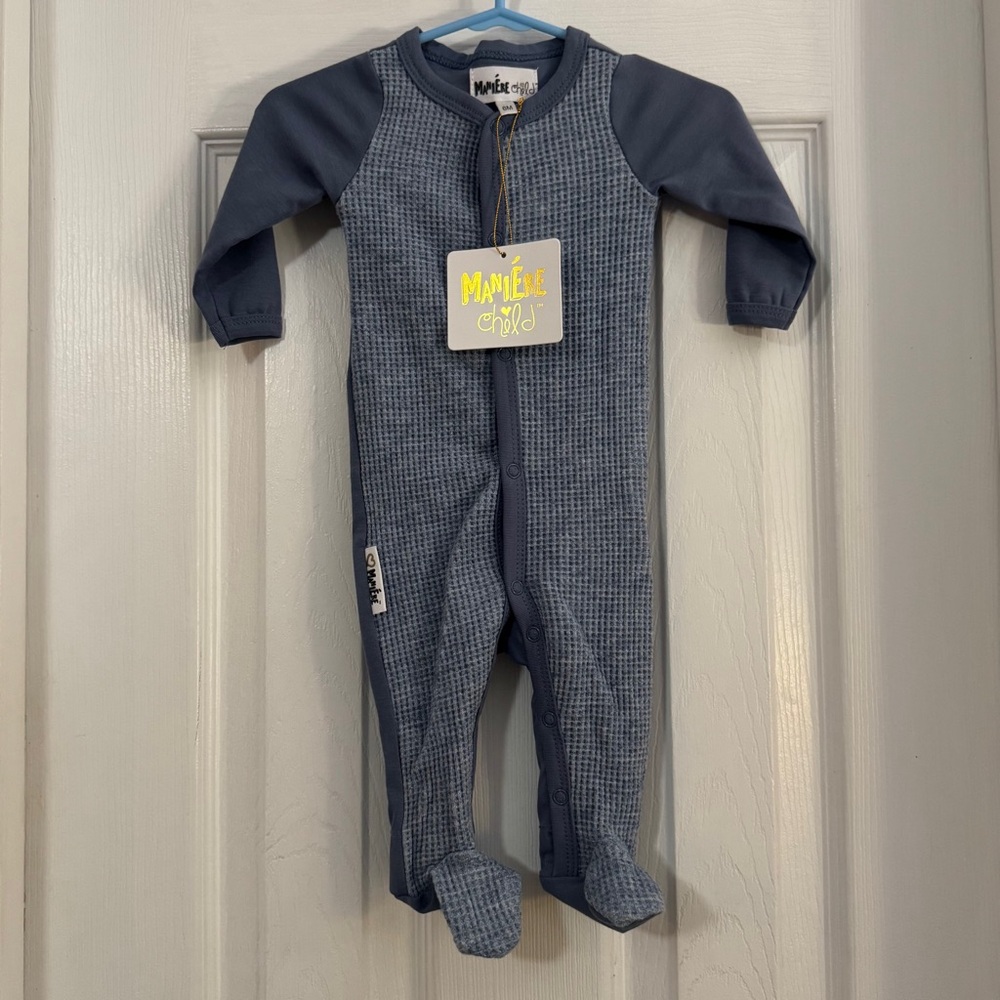NWT Maniere Child Baby Boy Blue Footed One Piece Soft Waffle Fabric